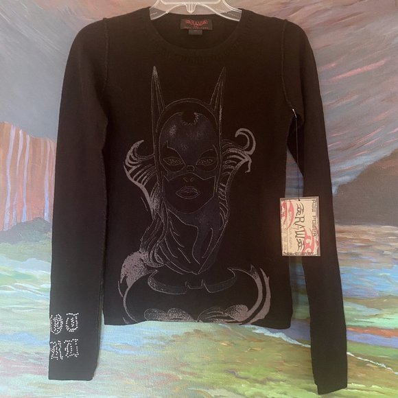 RAW 7 100% Cashmere Batgirl Crew Neck Black Sweater - Picture 1 of 7
